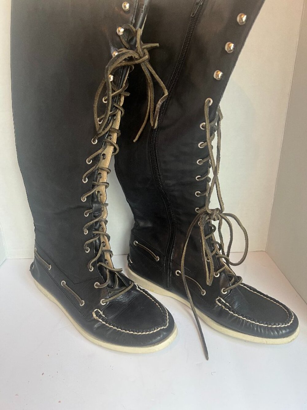 Sperry Topsider Boat Deck Knee Boots Lace Up Side Zip Navy Blue Leather 10 Women